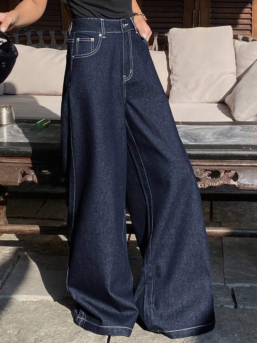 DAZY 女士时尚通勤水洗阔腿牛仔裤 - 藍色 - 查看 1