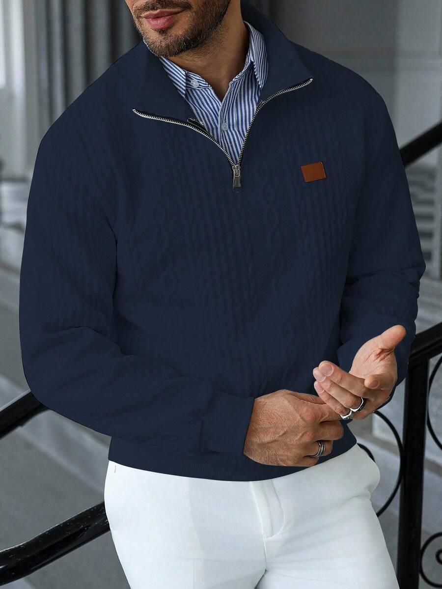 Manfinity CasualCool 男士休闲纯色纹理半拉链/四分之一拉链卫衣，男士秋季新款纯色简约休闲四分之一拉链套头卫衣，男士百搭单品，适合日常通勤、旅行等场合，高领设计