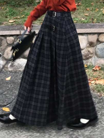 FRIFUL Women's Plaid Pleated Waist Decor Pocket Flared Skirt, Loose Casual Versatile Long Skirt For Autumn/Winter