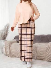 EMERY ROSE Plus Size Casual Solid Color Turtleneck Top And Retro Plaid Print Skirt 2 Pieces Set - Multicolor - View 5