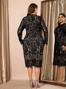 SHEIN Clasi 大码女士性感修身黑色蕾丝长袖连衣裙 - 黑色 - 查看 3