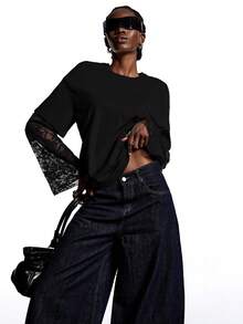 LYSMO Women's Black Autumn Chic Night Out Basic Loose Round Neck Drop Shoulder Contrast Color Lace T-Shirt,French Elegant Knitted Trumpet Bell Long Sleeve - Black - View 5