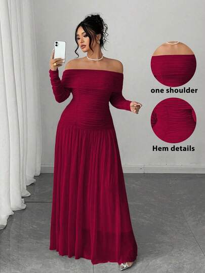 Elenzga 大码女式新款露肩长袖露背紧身褶饰长袖H字裙