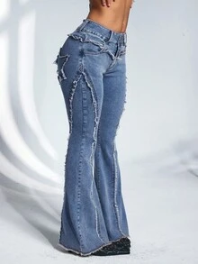 SHEIN Unity 女士口袋毛边休闲喇叭牛仔裤 - 淺色水洗藍 - 查看 5
