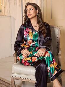 LuxeNights Plus Size Mature Elegant Leopard & Floral Colorblock Satin Robe & Pajama Set Satin Sleepwear Set Silky Pajama Set Satin Pajama Set Silk Robe Set Sleep Wear Women Silk, Fall & Winter Clothes - Multicolor - View 3