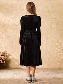 Váy dài tay đính nơ thanh lịch cho bé gái, thời trang mùa xuân và mùa thu - màu đen - Xem 2