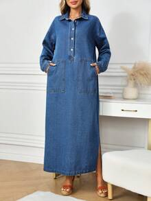 EMERY ROSE 女士宽松休闲长款牛仔连衣裙 - 深色水洗藍 - 查看 4
