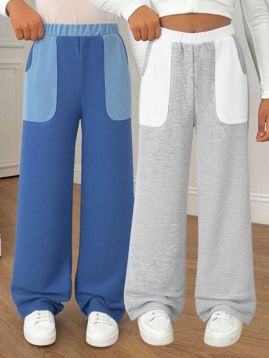 Sparklyn Tween Girl Wide-Leg Sweatpants – 2 Color Options (Navy Blue/Gray), Elastic Waistband, Contrast Color Patch Pockets, Soft Breathable Fabric, Loose Comfortable Fit, Perfect For School, Playtime, Lounging – Casual Pants Daily & Leisure Wear - Multicolor - View 1