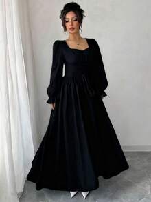 Modelyn French Design Square Neck Tie-Cinched Waist Women Dress - Black - View 6