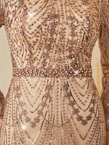 Coutiva Elegant Gorgeous Sequin Embroidery Long Sleeve Champagne Faux Pearl Rhinestone Design Autumn And Winter Dress Design Daily Wear, Party Dress, Dinner Dress, Wedding Guest Dress Luxury Evening Gown, Sequin And Pearl Cuff Design, Elegant Party Dress For Ladies, Long Sleeve Formal Dress, For Wedding Guest, Graduation, Valentine's Day - Champagne - View 9