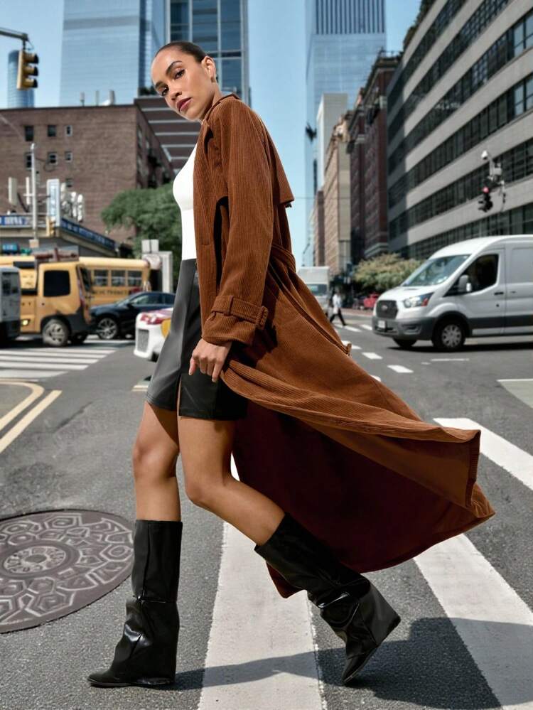 SHEIN Maija 2025 Women's Double-Breasted Corduroy Trench Coat, Women's Winter Coat, Winter Clothes For Women, Christmas Clothes , New Year Clothes, Thanksgiving,Simple And Classic Women's Autumn/Winter Coat, Made Of Warm Corduroy, Long And Slim-Fitting, Practical And Versatile, With A Street Style Vibe