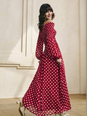 Cévolie 女士春秋新款法式雪纺波点复古荷叶边露肩收腰喇叭长袖连衣裙