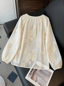Franclia New Elegant Loose Fit Blouse With Embroidered Tencel Fabric, Lantern Sleeves, Suitable For Spring, Summer, Fall, Vacation - Apricot - View 2