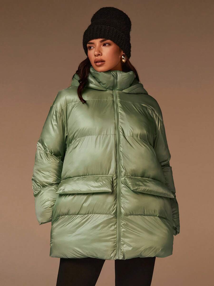 Athîral Autumn/Winter Green Warm Long-Sleeved Down Jacket, Mid-Length Thickened Coat, Women's Down Jacket, New Year Women's Clothing, Winter Women's Outerwear - Green - View 1
