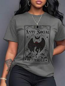 Maweii 蝙蝠图案标语字母印花圆领短袖女式T恤 - 灰色 - 查看 1