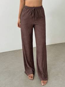 SHEIN Unity Women's Casual Solid Color Loose Elastic Waist Pants - Coffee Brown - View 3