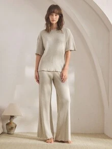 Ocili Leisure Soft Waffle Knit Mid-Sleeve Pants Pajama Set For Women, Comfortable & Chic Autumn/Winter