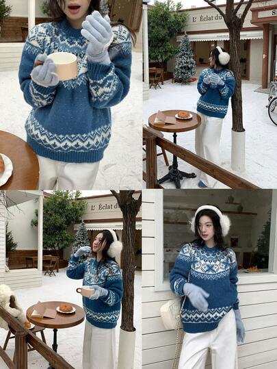 DAZY Women's Round Neck Christmas Korean Style Long Sleeve Sweater, Autumn/Winter