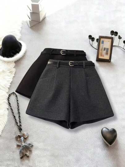 Franclia 高腰显瘦A字休闲短裤，配腰带，女士高腰短裤，黑色短裤，优雅短裤，短裙短裤，短款服装，黑色高腰短裤，羊毛短裤