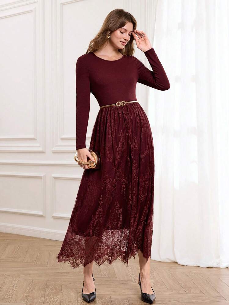 This Elegant Women's Dress Features A Rich Burgundy Color, Perfectly Matching The Festive Atmosphere Of The New Year And The Romantic Style Of Valentine's Day. The Floral Pattern Is A Subtle Lace Design In The Same Burgundy, Exuding A Sophisticated And Luxurious Feel. The Round Neck And Long Sleeves, Along With The Gold-Buttoned Waist, Flatter The Figure And Accentuate The Elegant Curves, While The Lace Skirt Adds A Touch Of Gentle Grace. Suitable For Autumn And Winter, It Can Be Layered With A Coat For Both Warmth And Style. Perfect For Occasions Such As New Year's Family Gatherings And Valentine's Day Dates, This Dress Combines The Vibrancy Of Burgundy With The Sophistication Of Lace To Showcase Fashionable Taste. It Is An Excellent Choice For Both New Year's And Valentine's Day Wardrobes, Offering A Perfect Blend Of Formality And Femininity.