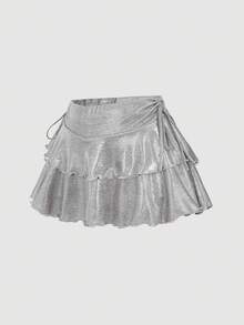 SHEIN MOD Women's Metallic Foil Accent Double Layered Hem Low Waist Skirt - Silver - View 5