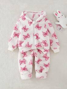 2件套幼儿女童休闲纯色毛绒蝴蝶结装饰外套和裤子套装 - 粉色 - 查看 1