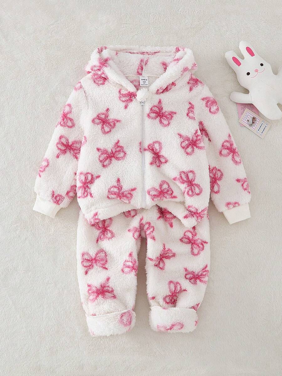 2件套幼儿女童休闲纯色毛绒蝴蝶结装饰外套和裤子套装 - 粉色 - 查看 1