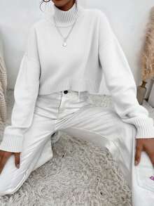 EURMUSE Women's Solid Color High Neck Drop Shoulder Long Sleeve Casual Pullover Sweater, Autumn/Winter - White - View 5