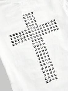 ROMWE Grunge Punk Y2K Punk Kpop Cross Rivet Design Laser Cut-Out Back Slim Fit Solid Color Versatile T-Shirt - White - View 3