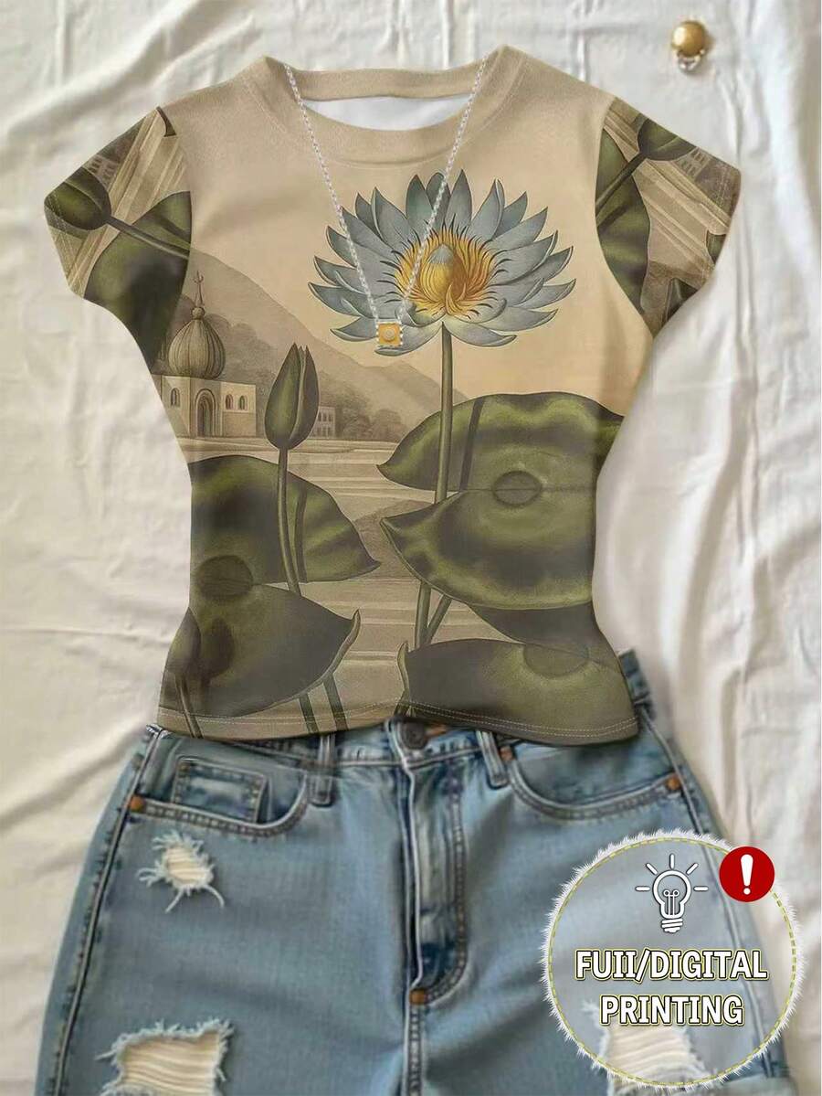 SHEIN 蓝色莲花花卉印花圆领短袖休闲夏季百搭女式T恤 - 卡其色 - 查看 1