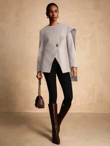 Lyxana 女士束腰马甲，金属扣装饰，裹身领，优雅奢华冬季款 - 卡其色 - 查看 3