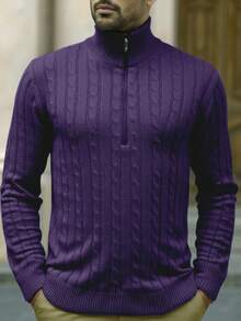 Manfinity Homme Men's Zipper Design Long Sleeve Cable Pattern Casual Sweater, Autumn/Winter Purple Sweater Men Purple Turtleneck For Men - Lilac Purple - View 4
