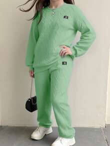 SHEIN 2件套 大童休闲标语贴花图案提花编织格纹纹理面料圆领卫衣和运动裤，秋冬季 - 綠色 - 查看 4
