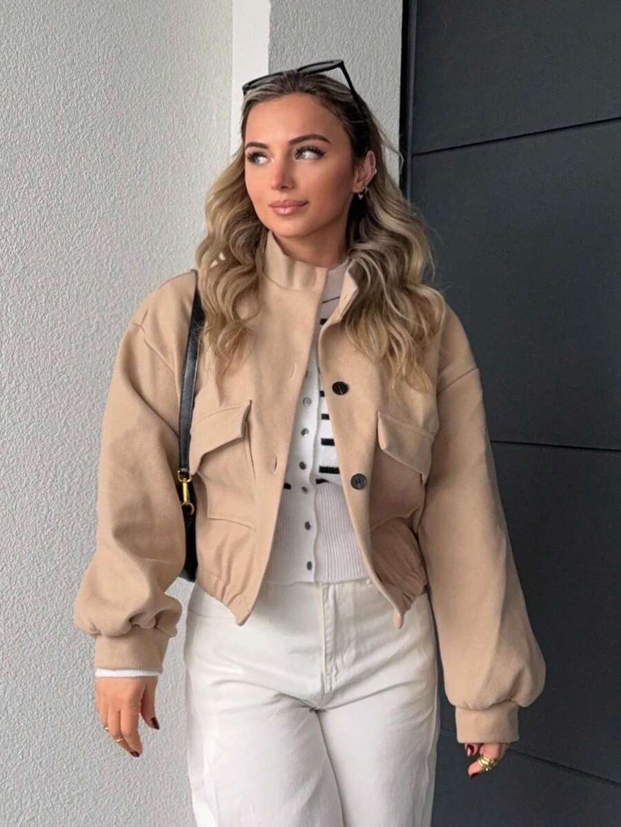 Jeta Ari Solid Color Stand Collar Pocket Short Jacket For Women,Fall Clothes - Apricot - View 1