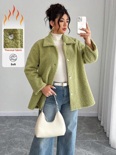 Elenzga Plus Size Solid Color Front Button Long Sleeve Casual Sherpa Collar Jacket Fall Winter Cloth For Women