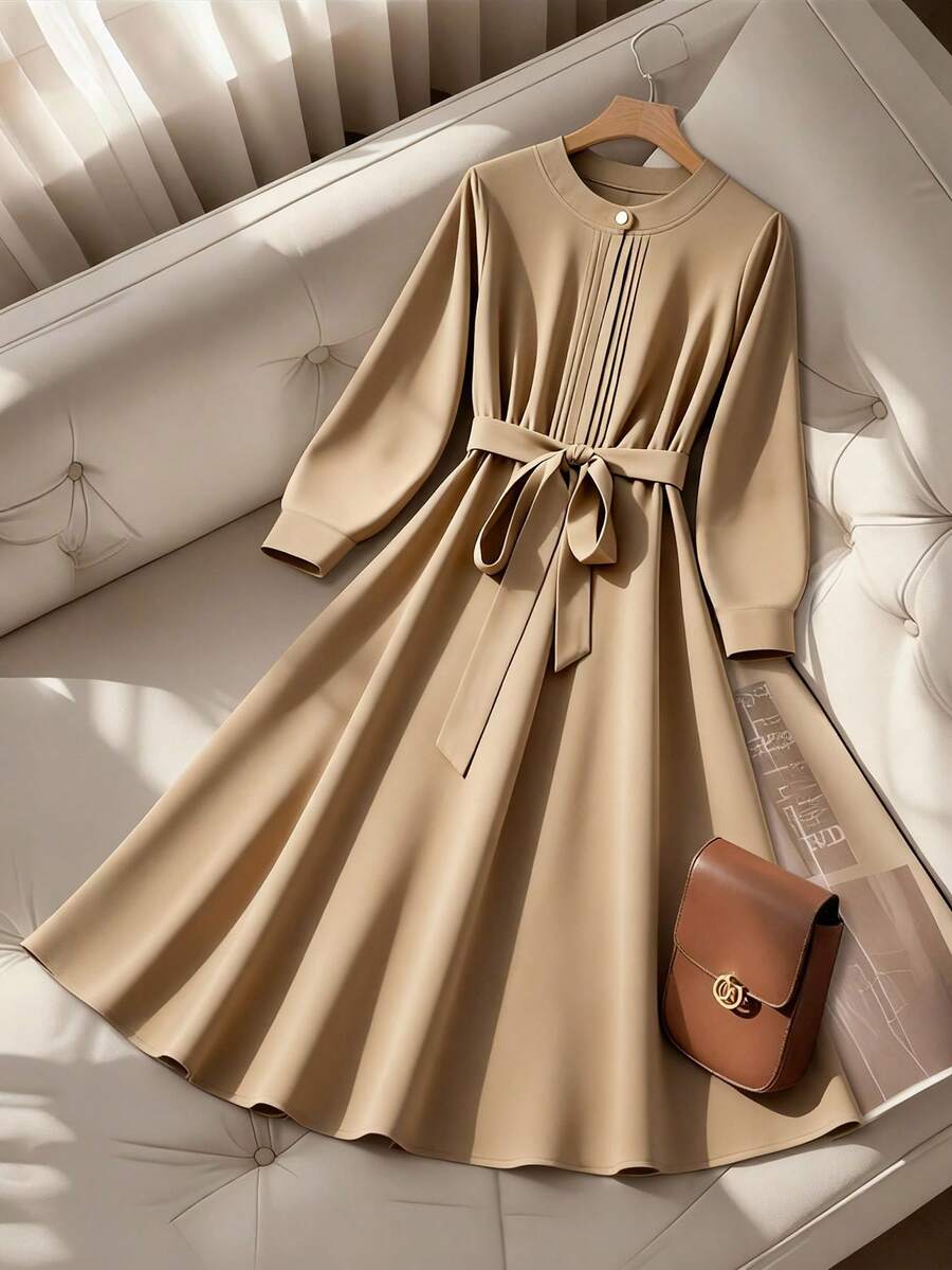 GlowEve CURVE Plus Size Pleated Waist Tie Long Sleeve Dress
