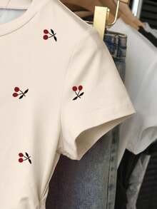 Resyla 女士时尚百搭修身褶皱腰短袖上衣，樱桃印花，夏季 - 杏色 - 查看 3