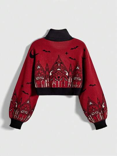 Goth pull col roulé femme à motif château et croix, style gothique Halloween, avec couleurs contrastées