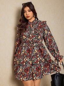 Elaquor Plus Size Geometric Print Waist Flared Long Sleeve Dress For Women/Valentine's Day - Multicolor - View 6