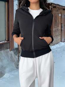 SHEIN Unity 1pc Women's Black Vintage Slim Fit Hooded Jacket, Thermal Lined With Faux Fur Collar, Casual/Commute Wear For Autumn/Winter - Black - View 4