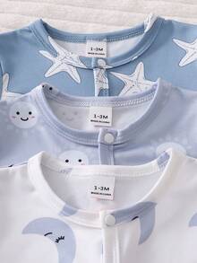 Newborn Baby Pajamas-3 Piece Pajama Set Footed Romper Star Moon Bear Print Blue White Round Neck Long Sleeve Zip Front One Piece Pajamas All Season Lightweight Breathable Cozy Soft Gentle Warmth Holiday 2026 New Year Essential - Multicolor - View 3