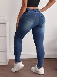 SHEIN ICON Plus Size Women Drawstring Waist Pocket Distressed Skinny Casual Jeans - Blue - View 3
