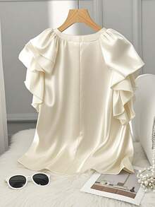 Chiquease Camisa holgada casual con cuello en V, manga abombada y volantes