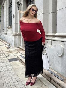 SHEIN EZwear 大码休闲通勤约会T恤，适合秋季/冬季、圣诞节、新年、感恩节、派对、婚礼、海滩、毕业典礼等场合，时尚优雅，休闲百搭，适合外出、约会、预约、通勤等各种场合，保暖舒适，情人节适用。 - 紅色 - 查看 7
