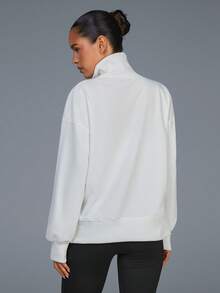 Fluxe Women's White High Neck Sweatshirt, Soft Cozy Fabric For Comfortable Warmth, Stylish Relaxed Fit With Dropped Shoulders, Ribbed Hem And Cuffs For A Secure Fit, Minimalist Embroidered Branding, Perfect For Layering In Casual, Athleisure, And Everyday Wear - White - View 4