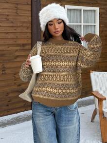 Muchica 休闲宽松圆领长袖女式毛衣，秋冬季 - 棕色 - 查看 3