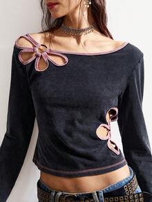 Bohemela Boho Autumn/Winter Outerwear, Vintage Casual Women's Floral Hollow Design Washed Black And Pink Long Sleeve Cropped Top, Western Country Style Concert Party, Suitable For Beach Vacation & Daily Wear & Back To School & Going Out & Party, Christmas, New Year,Black Top - Black - View 1