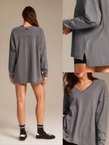 GLOWMODE 匹马棉冬季周末柔软弹力透气V领及臀长袖上衣，秋冬日常休闲穿着 - Volcanic Gray - 查看 6