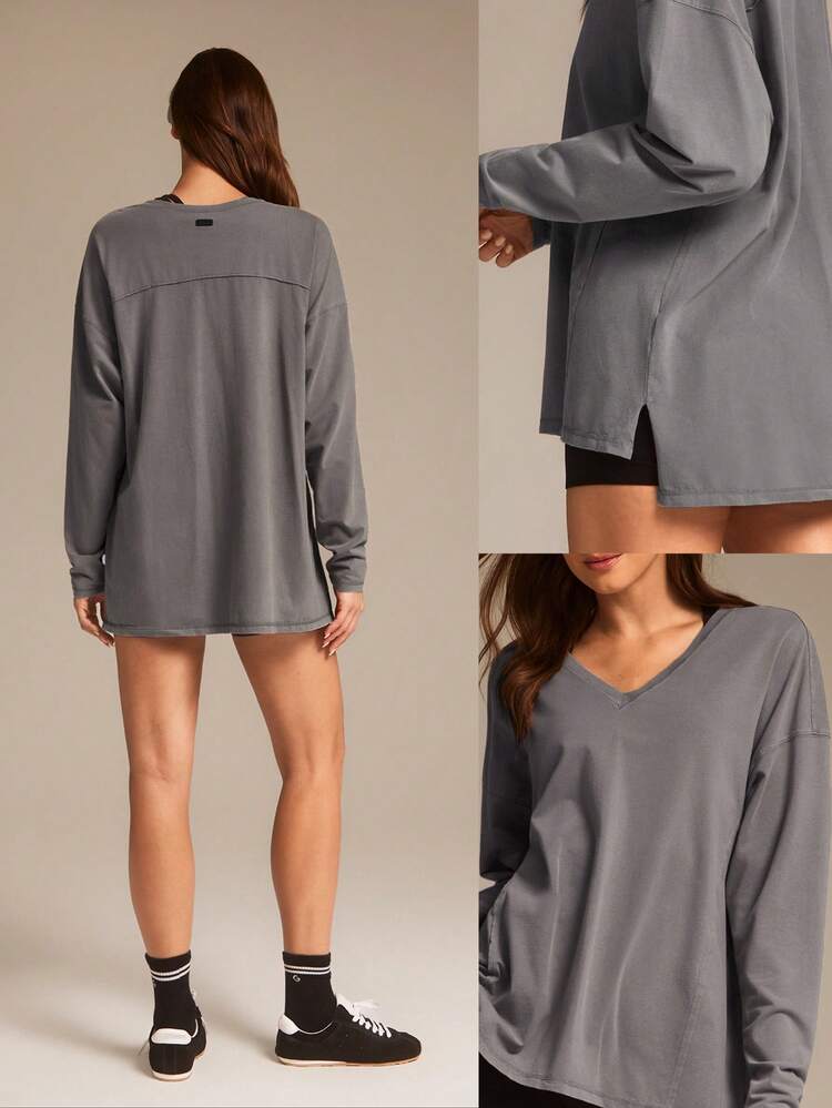 Pima Cotton  Weekend Soft Stretchy Breathable V-Neck Hip Length Long-Sleeve Top  Daily Casual Wear Spring Summer