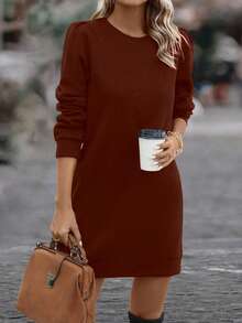 SHEIN LUNE 纯色泡泡袖卫衣连衣裙，适合新年穿着 - 棕色 - 查看 6